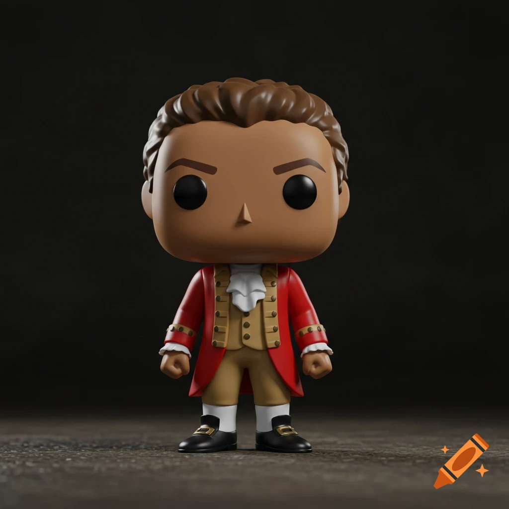A Funko Pop style figure of a person in a red coat and beige waistcoat.