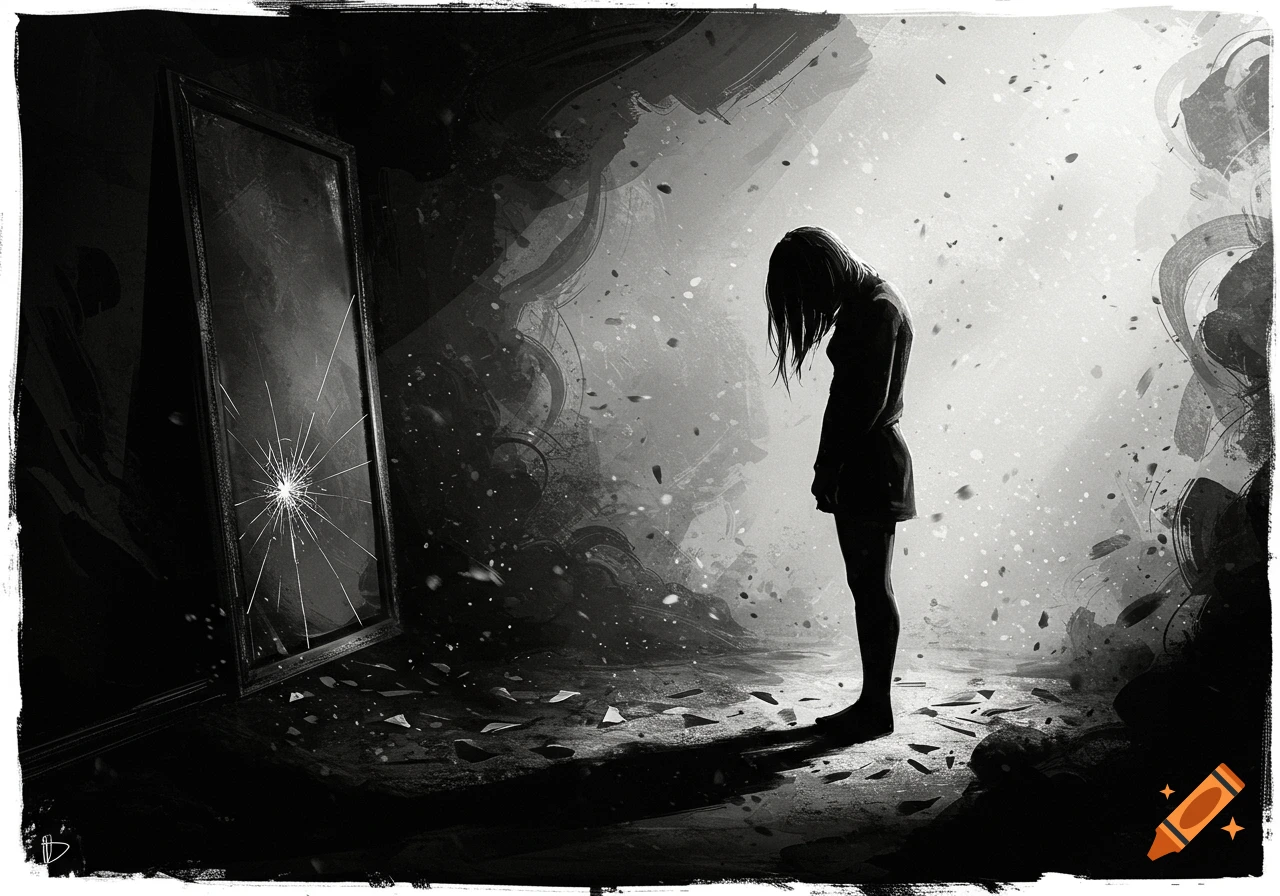 Black and white illustration of a lone figure standing before a shattered mirror, depicting themes of depression.