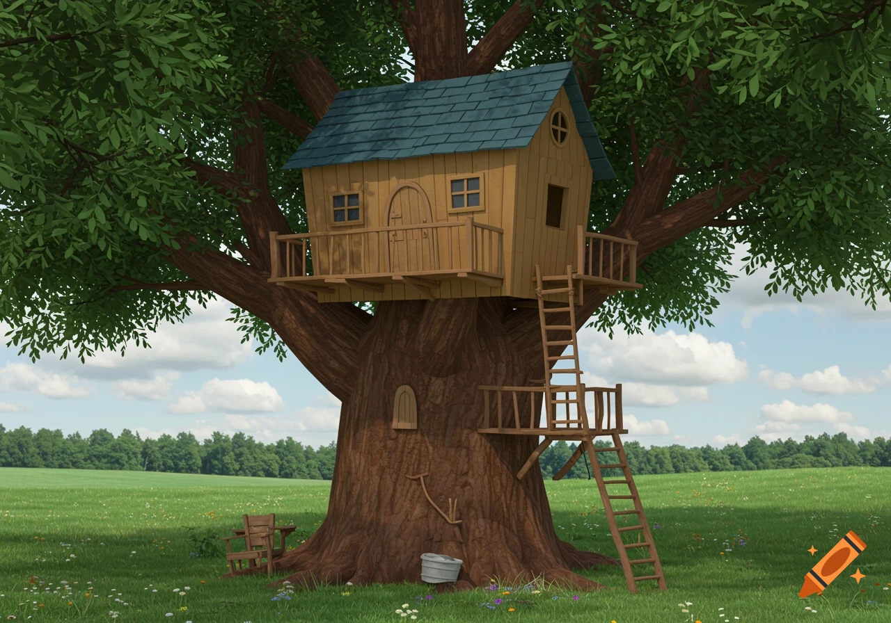 A treehouse in a large tree overlooking a green field under a cloudy sky.