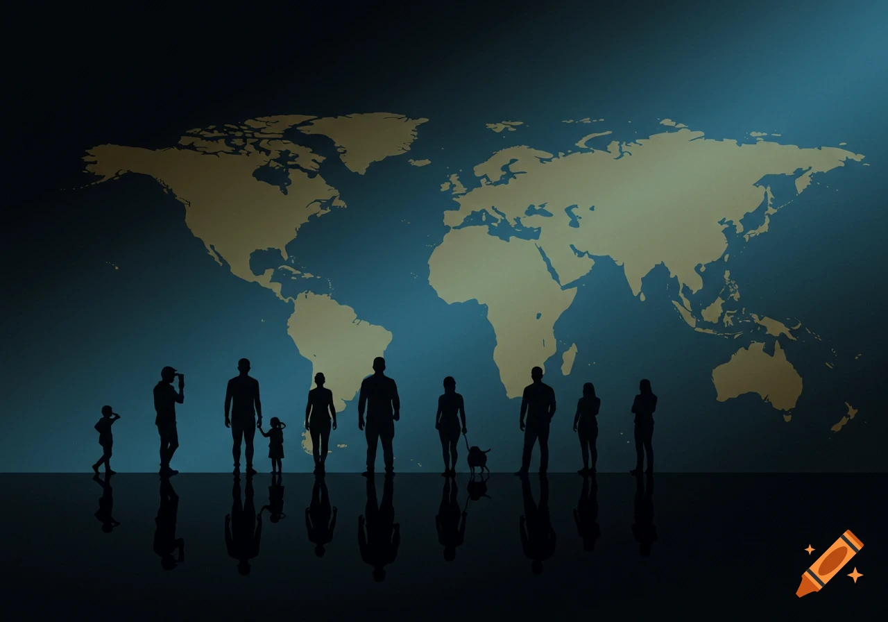 Silhouettes of people standing in front of a world map.