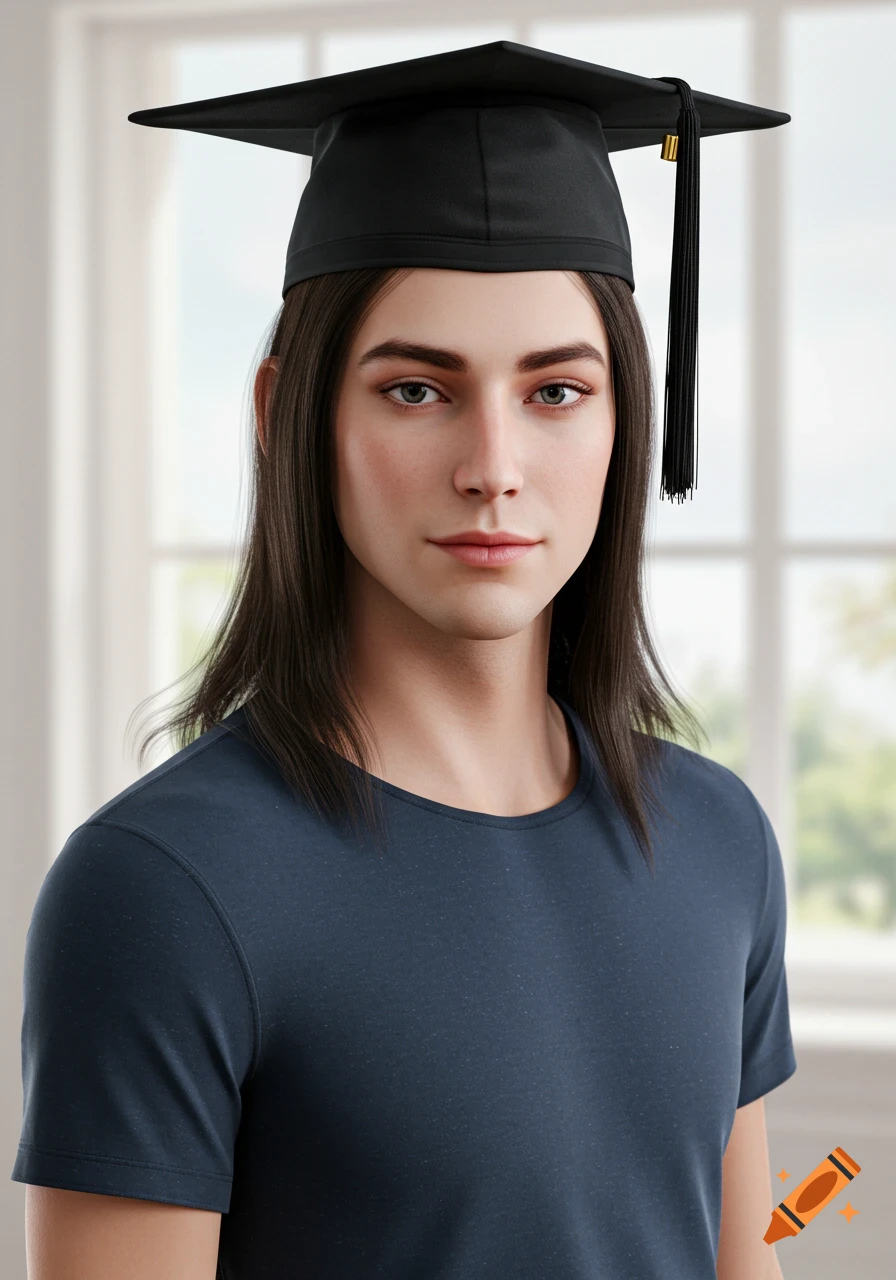 Realistic portrait of a young person with long hair wearing a graduation cap.