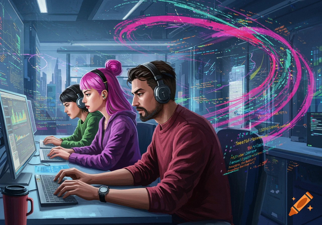 Digital art of three engineers coding on computers in a futuristic office with code overlays.