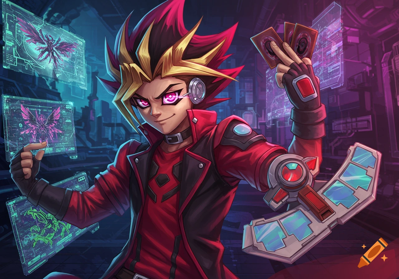 Anime character with spiky hair holding cards and using a duel disk and holographic screens.