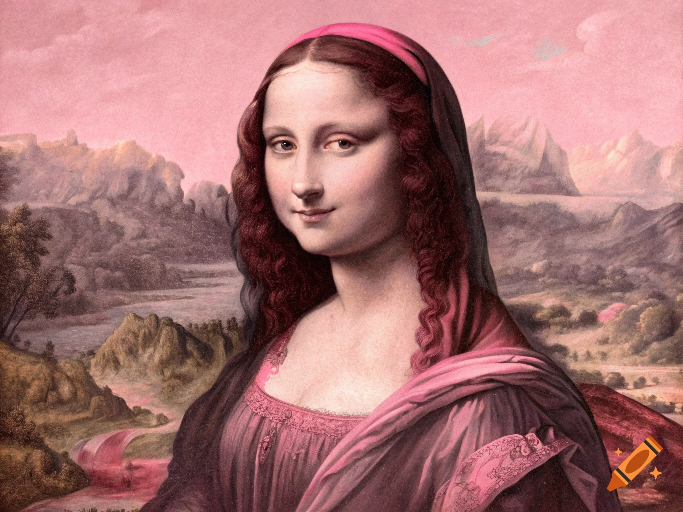 Portrait in the style of the Mona Lisa with pink clothing and a pink sky