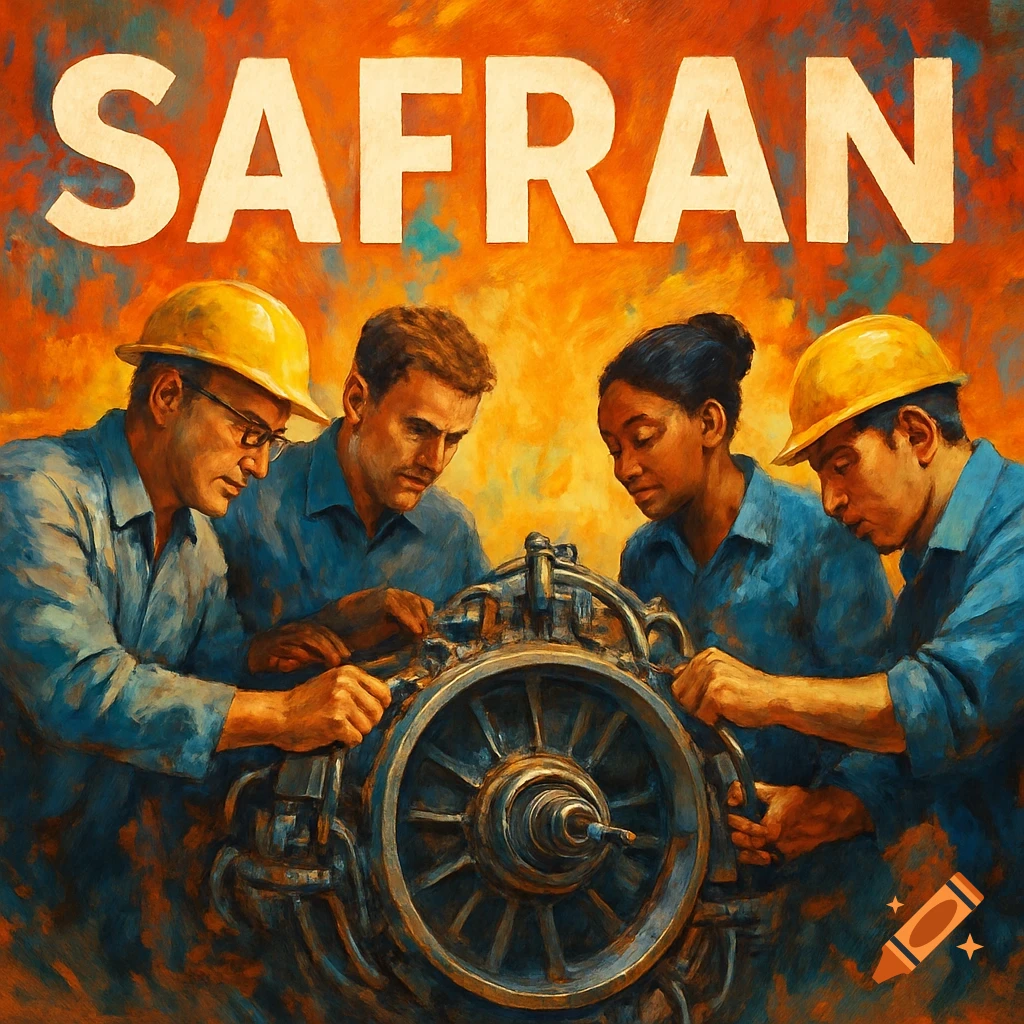 Four workers in hard hats and blue shirts work on machinery under the large text 'SAFRAN' in a painterly style.