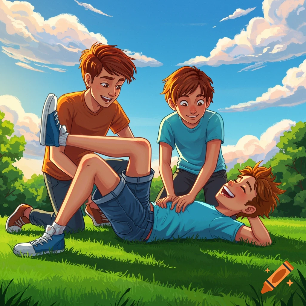 Cartoon image of three teenage boys playing in a park. One boy lies on the grass laughing while two friends tickle his belly.