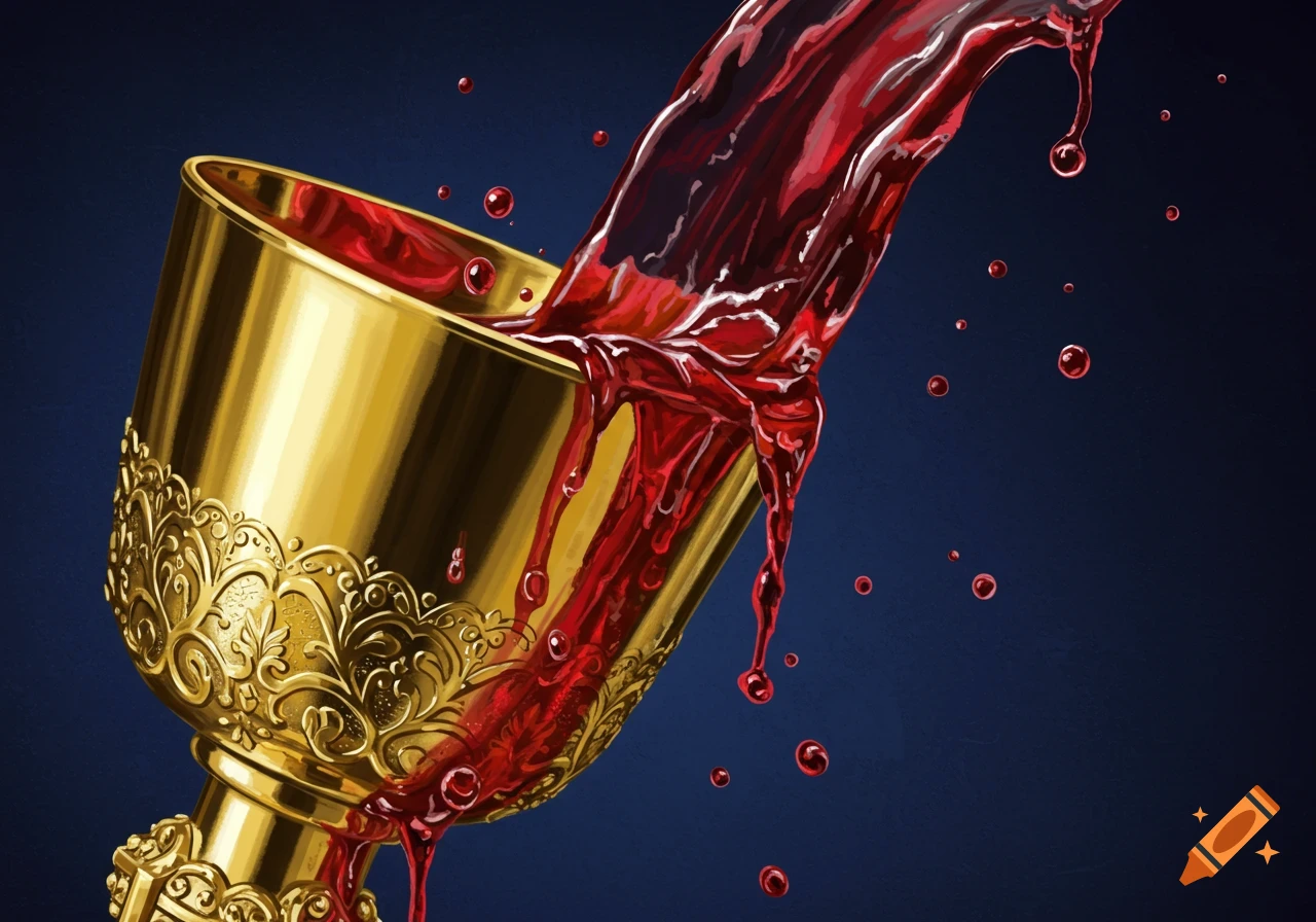 Golden chalice overflowing with red liquid, illustration.