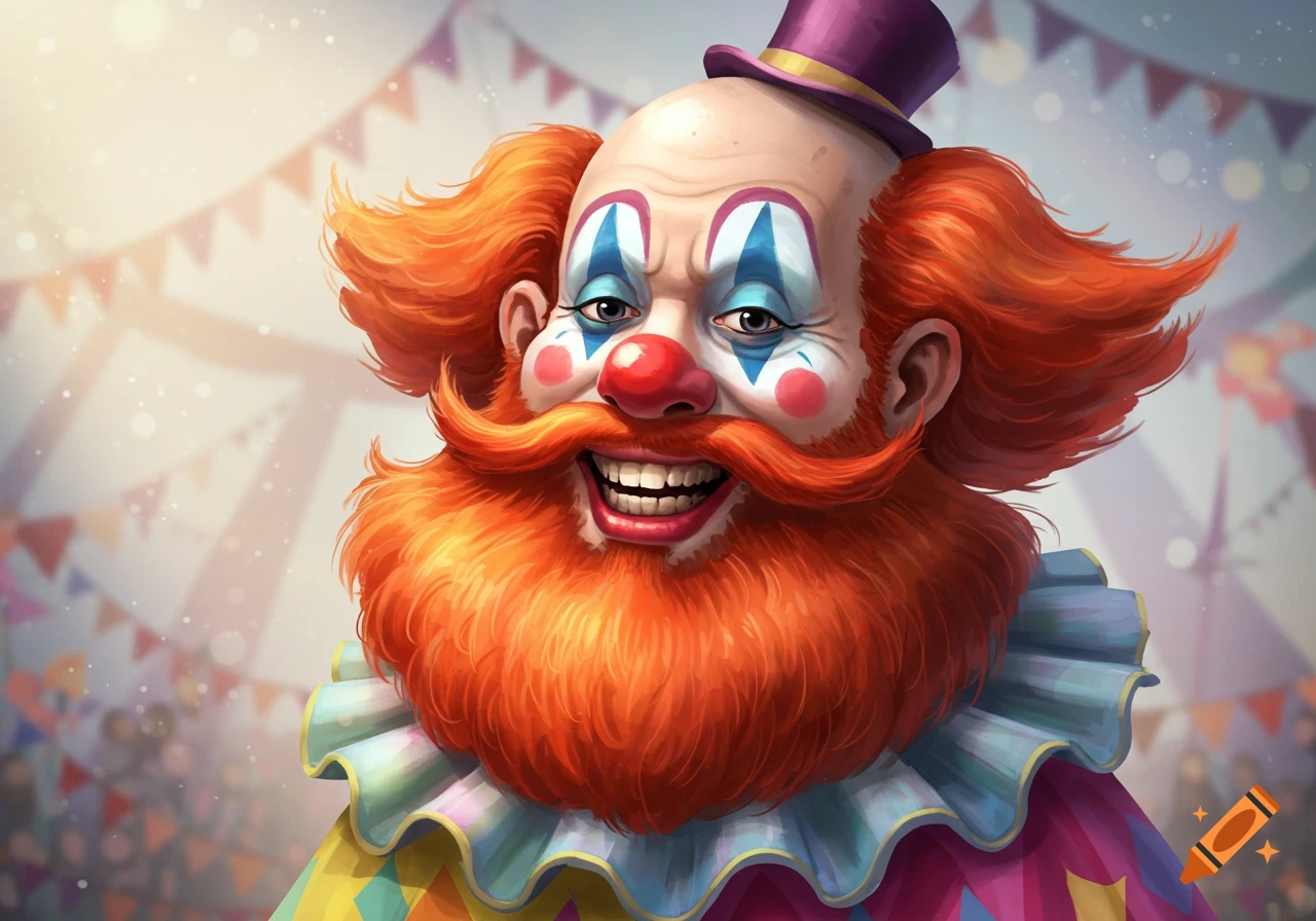 Close-up of a smiling clown with a bushy orange beard and purple hat at a circus.