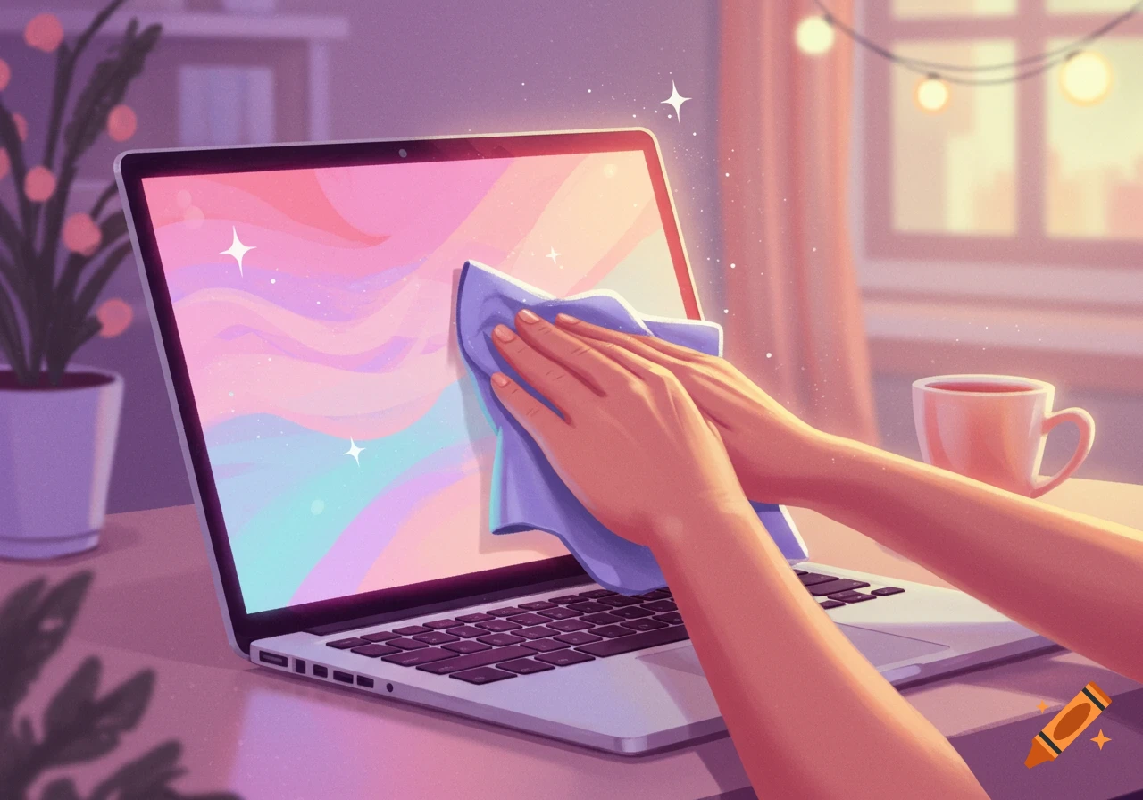 Illustration of hands wiping a laptop screen in a cozy room