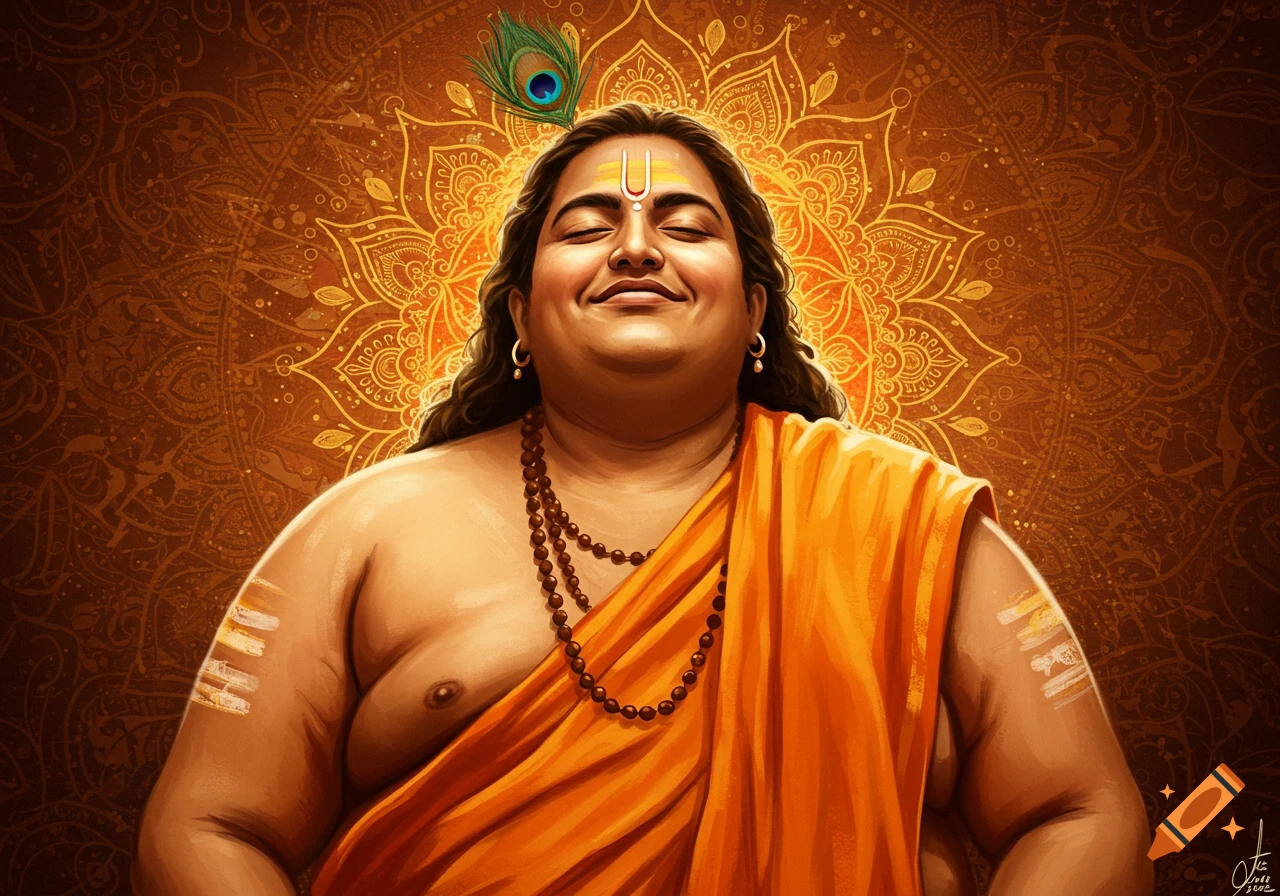 Smiling figure resembling a spiritual guru in orange robes with tilak, beads, and peacock feather against a warm, intricate spiritual background.