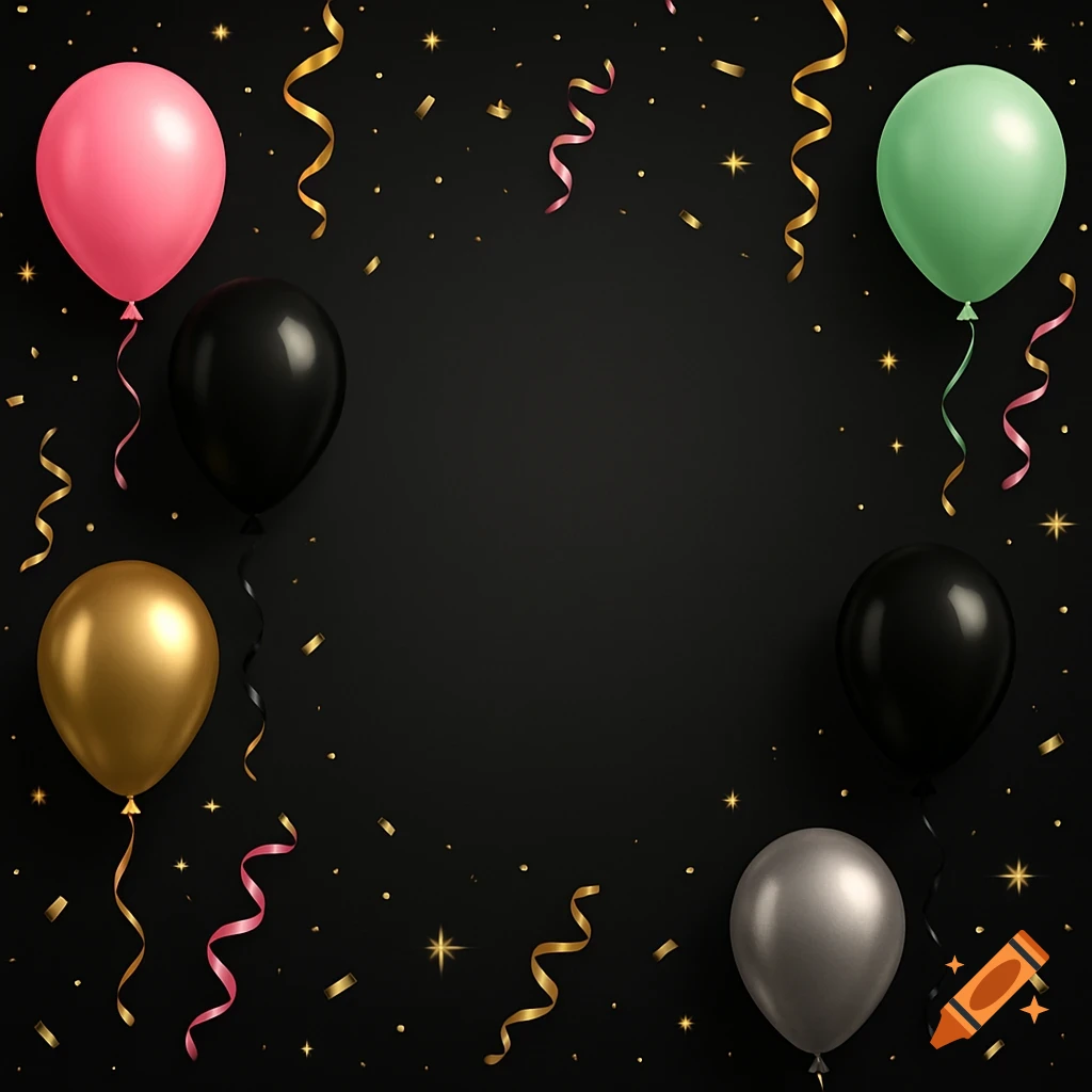 Dark background with pink, green, black, gold, and silver balloons, confetti, and streamers.