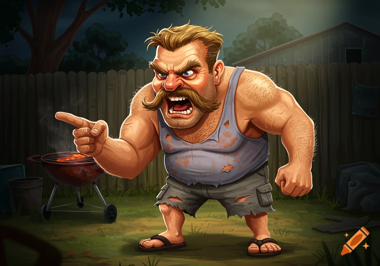 Cartoon illustration of an angry man pointing next to a barbecue grill.