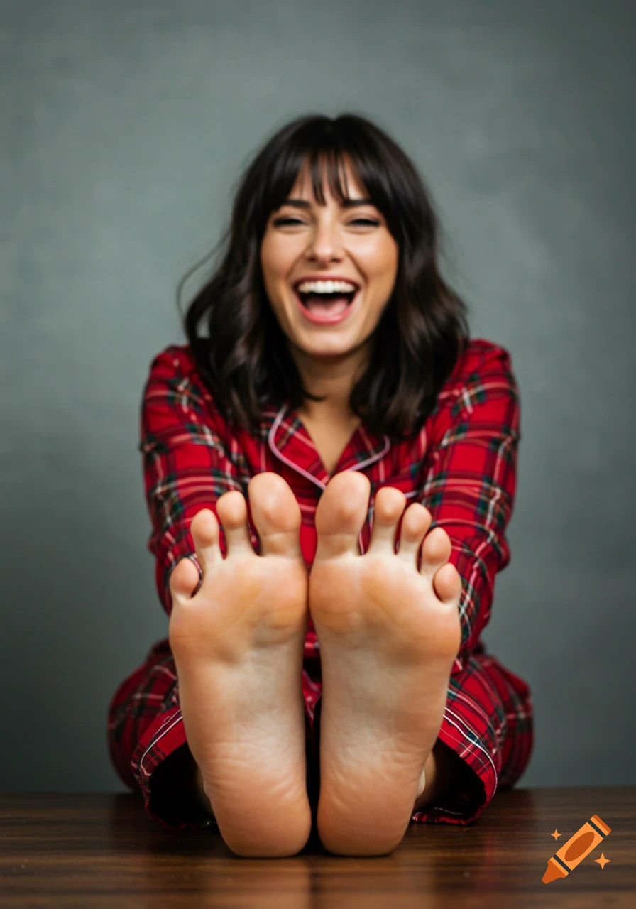 Brunette woman in red plaid pajamas laughing, showing soles of her feet.
