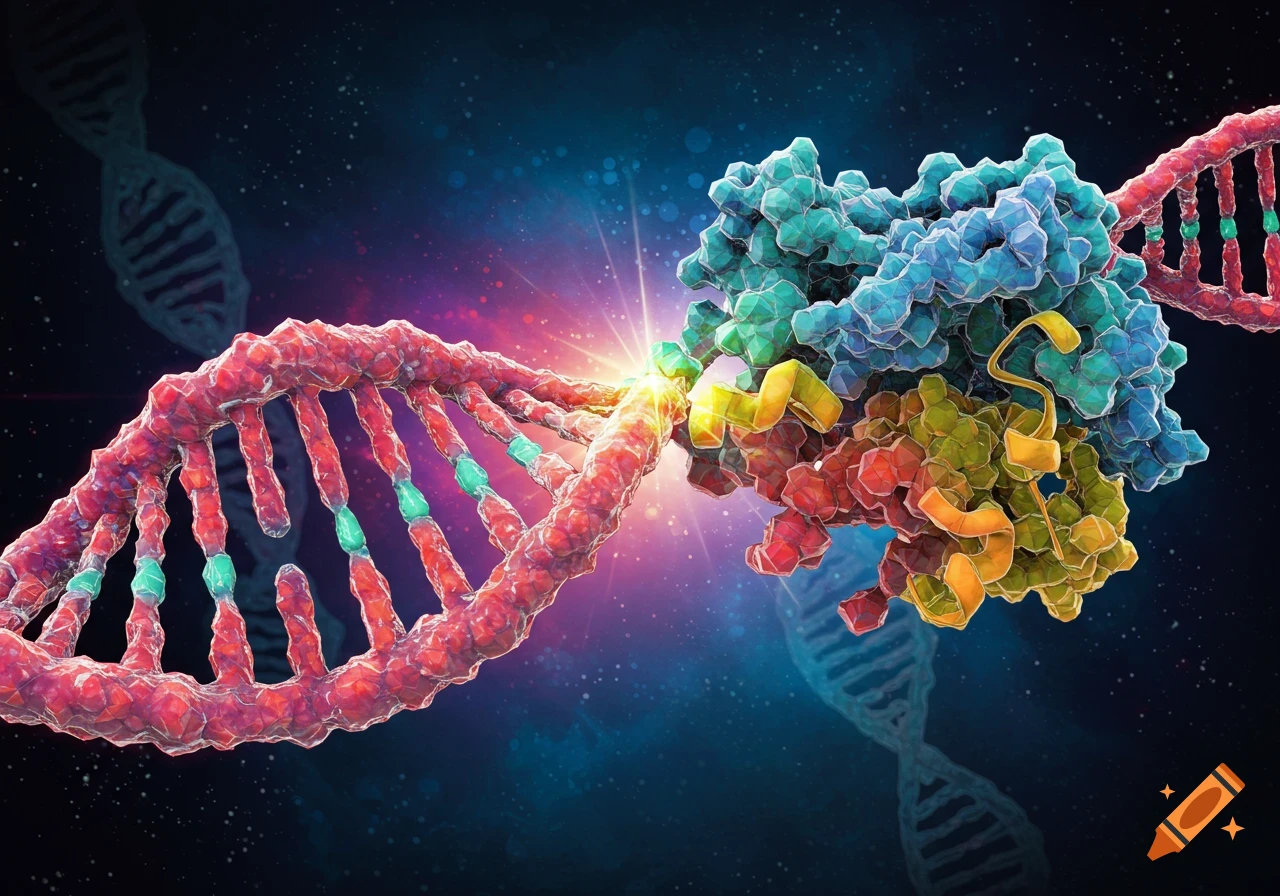 3D illustration of a DNA molecule interacting with a protein