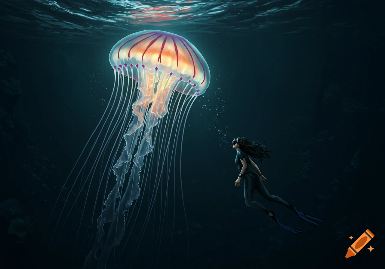 A person in scuba gear looks up at a large jellyfish underwater.
