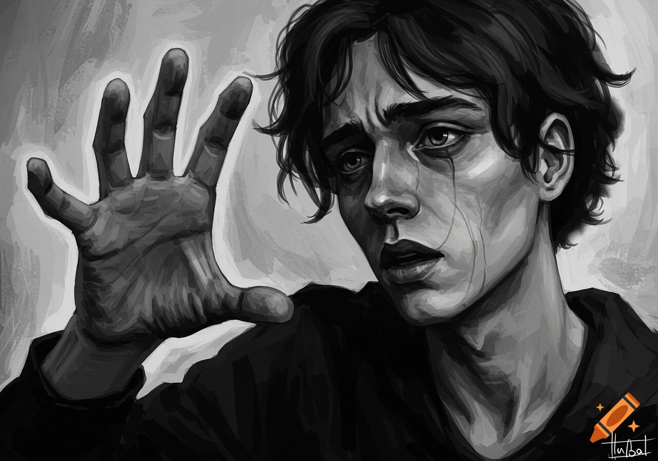 Black and white digital painting of a person with a distressed face reaching out.