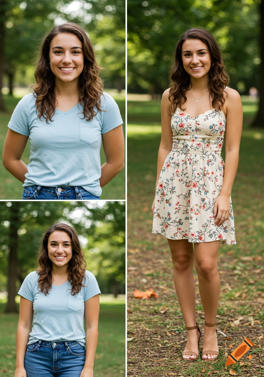 Three portraits of a smiling young woman in a park setting.