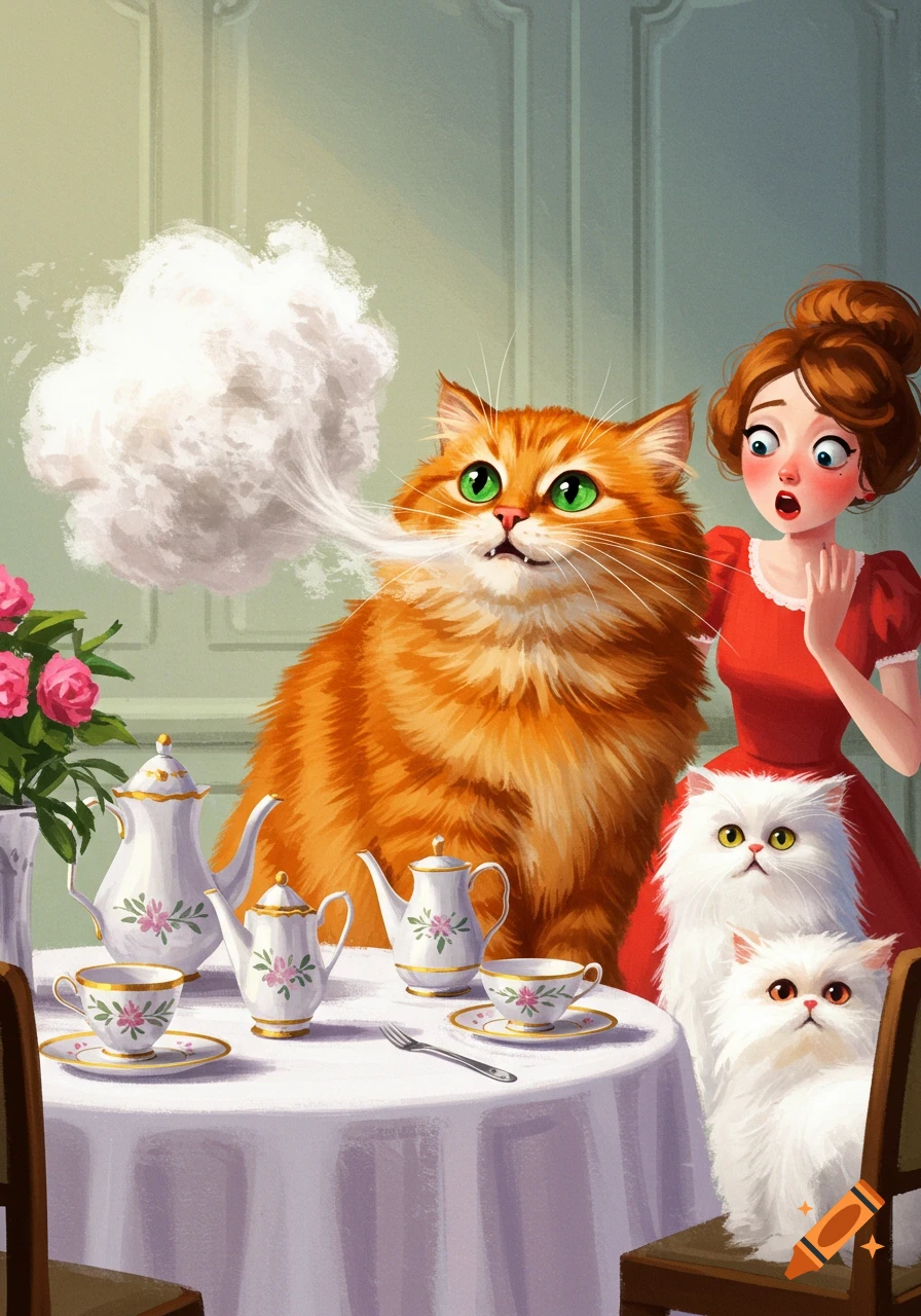 Illustration of a large orange cat coughing up a cloud of smoke at a tea party, startling a woman and two white cats.