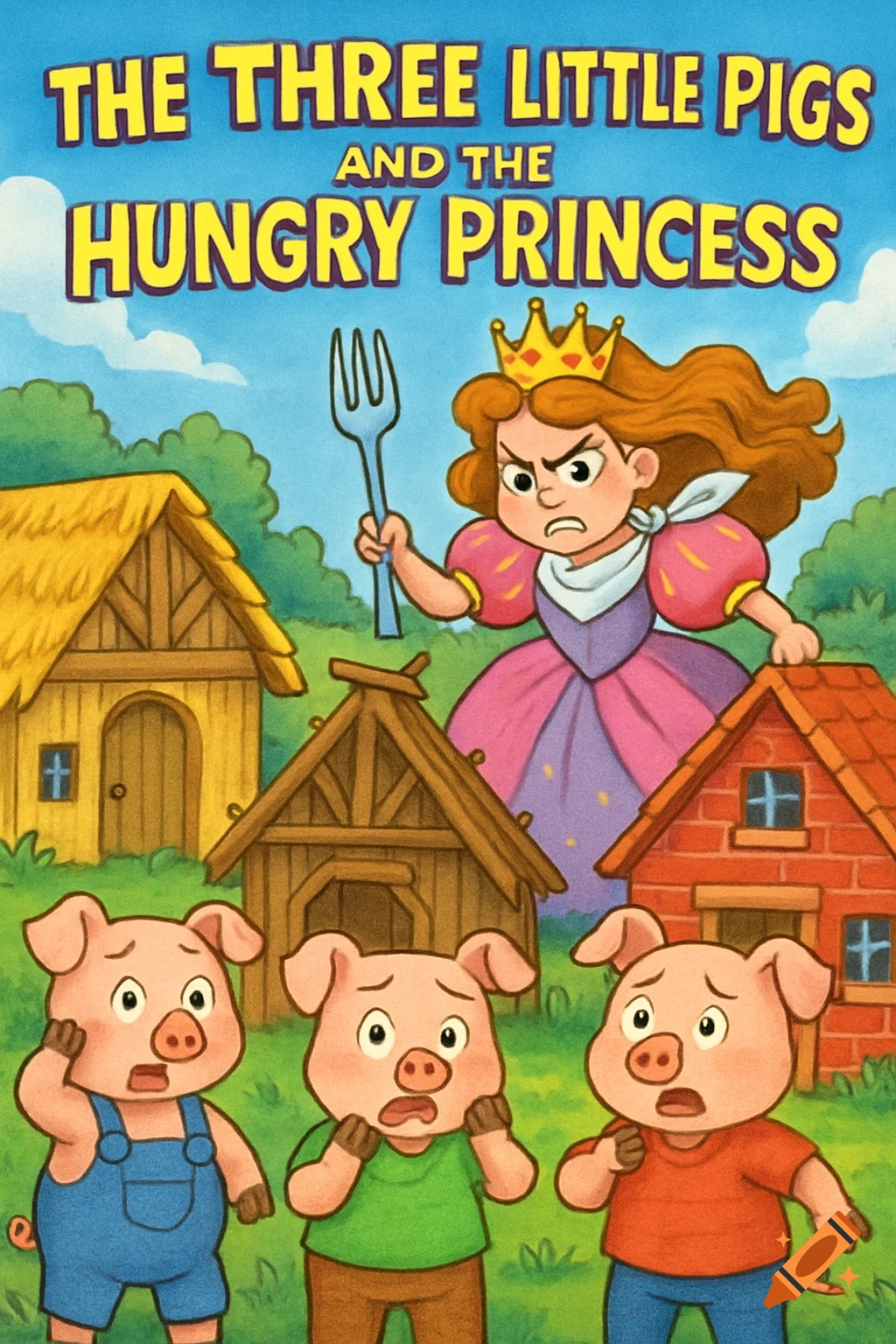 Cartoon illustration for 'The Three Little Pigs and the Hungry Princess' showing three scared pigs, three houses, and an angry princess with a fork.