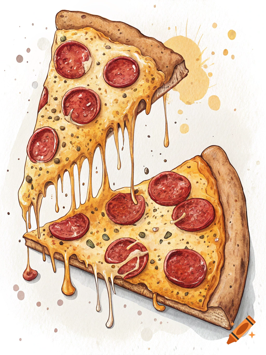 Watercolor illustration of two slices of pepperoni pizza with melting cheese.