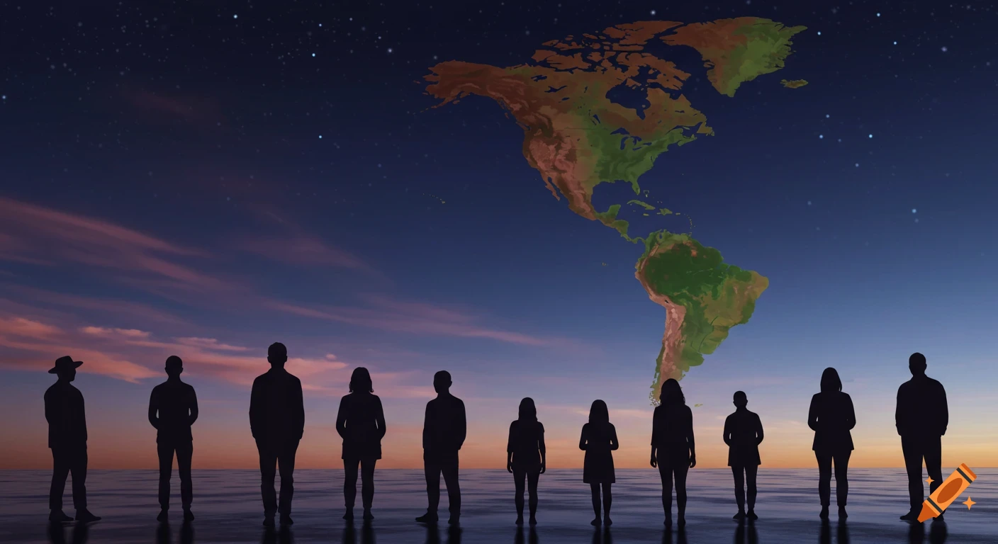 Silhouettes of people stand looking at a map of North and South America in the twilight sky.