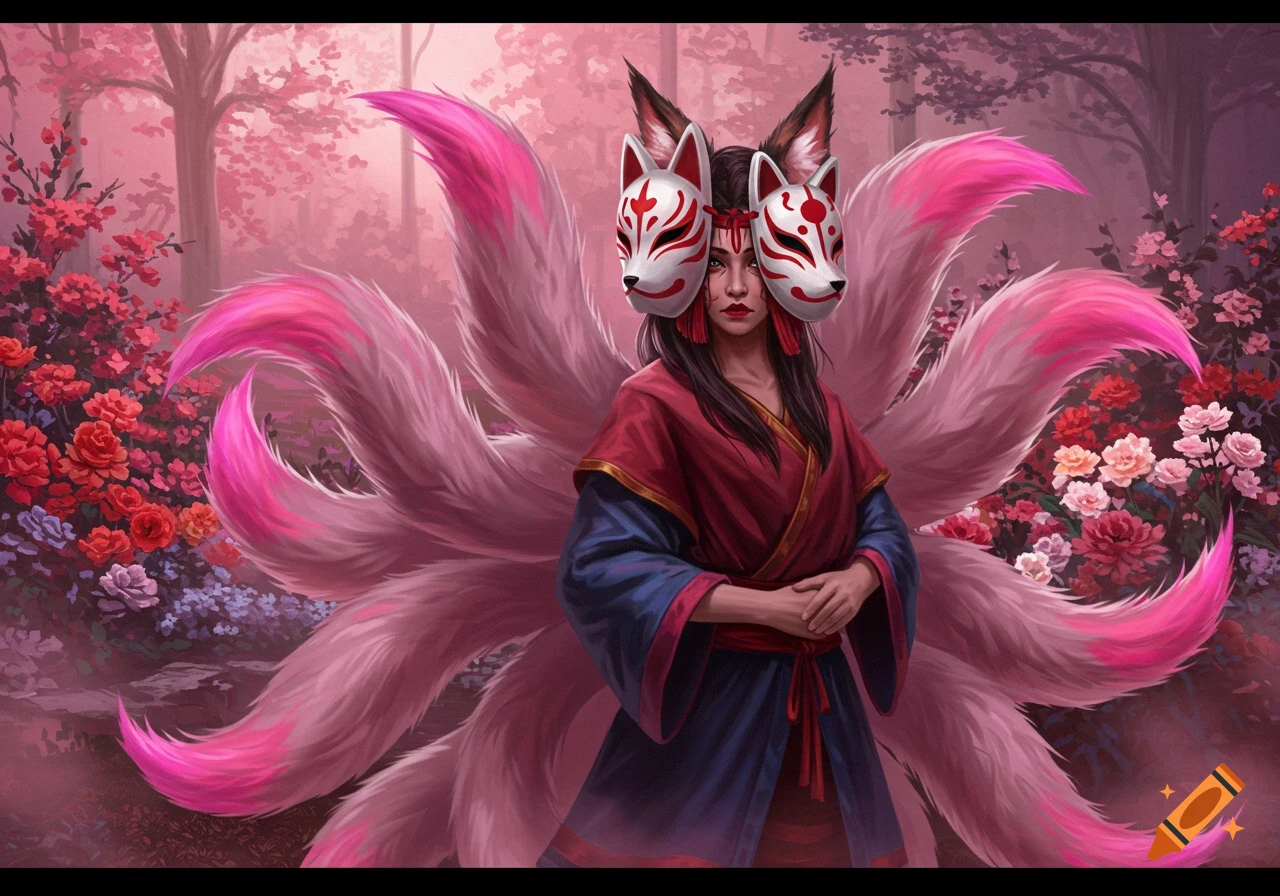 Female kitsune with multiple pink tails and fox masks stands in a misty pink flower garden