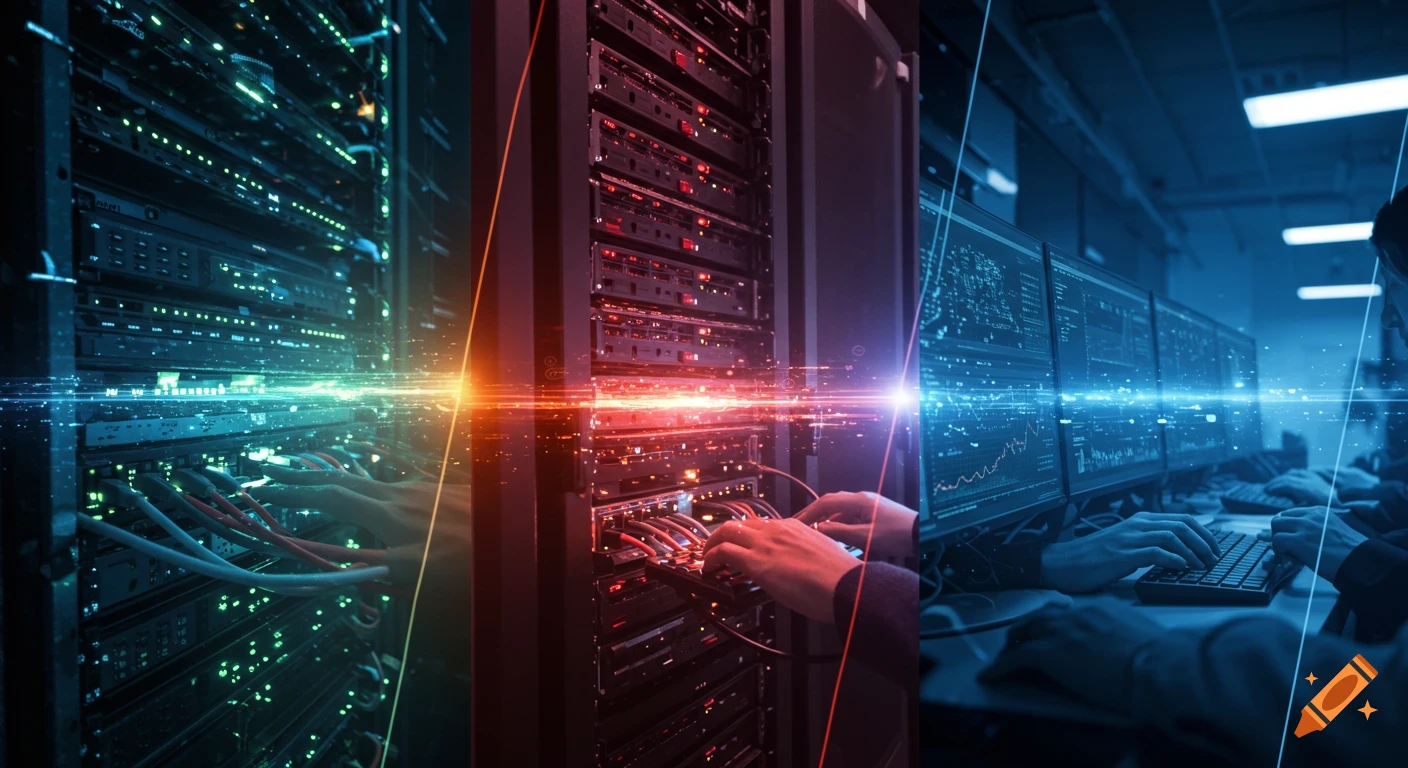 Montage of hands connecting server cables, flashing lights, and people monitoring computer screens in a data center.