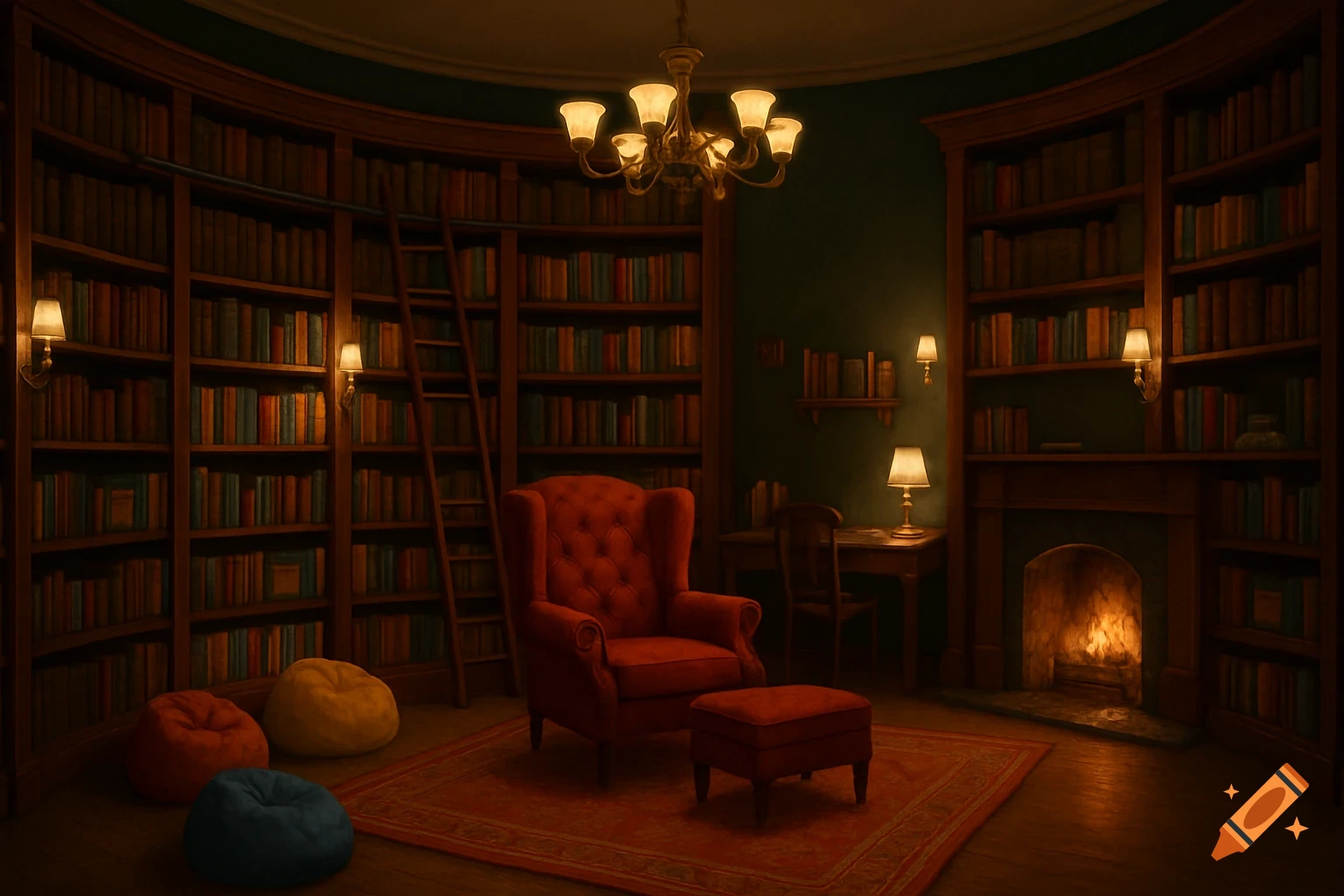 A cozy library room with bookshelves, a red armchair, fireplace, desk, and bean bag chairs.