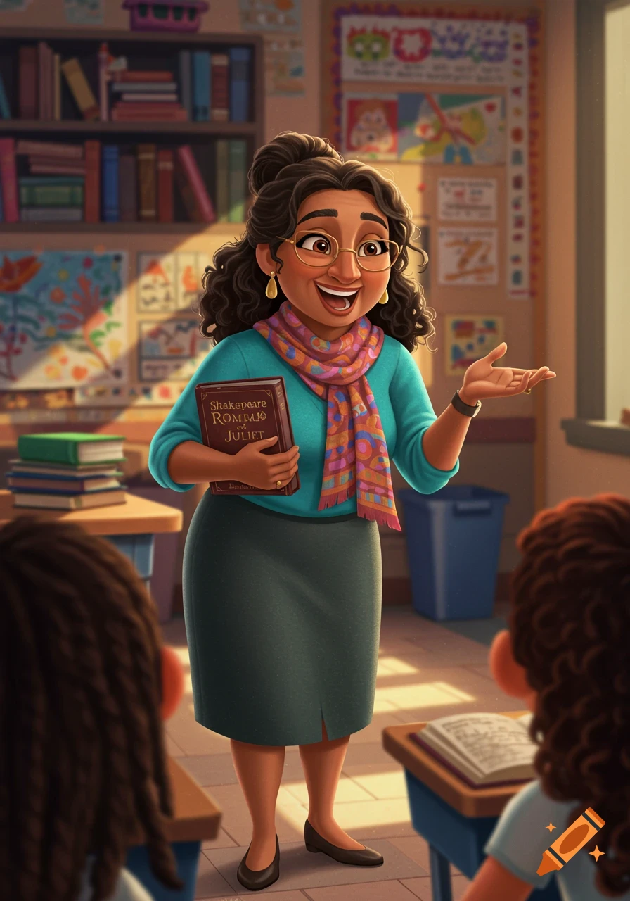 An older Latina high school English teacher holds a book in a classroom, in Pixar style.