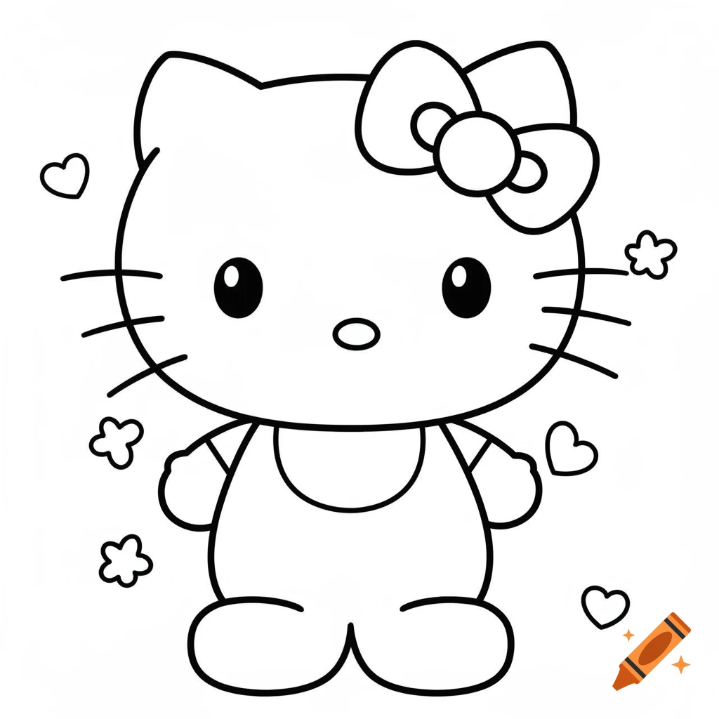 Black and white line drawing of Hello Kitty with a bow, hearts, and flowers, in a simple cartoon style.