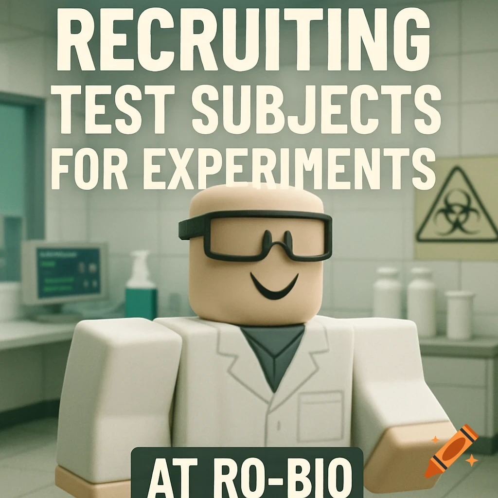 A Roblox character in a lab coat and safety glasses stands in a laboratory with text "Recruiting test subjects for experiments at Ro-Bio".