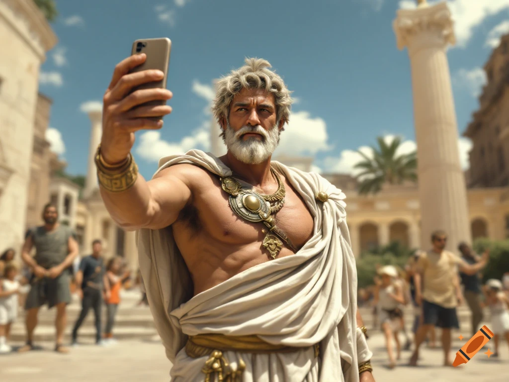 Man in a toga taking a selfie in an ancient city setting