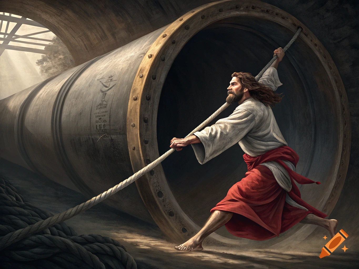 Jesus pulling a large industrial pipe with a rope in a painterly style.
