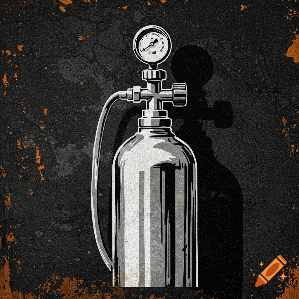 Black and white stencil art of an oxygen tank with a gauge and hose
