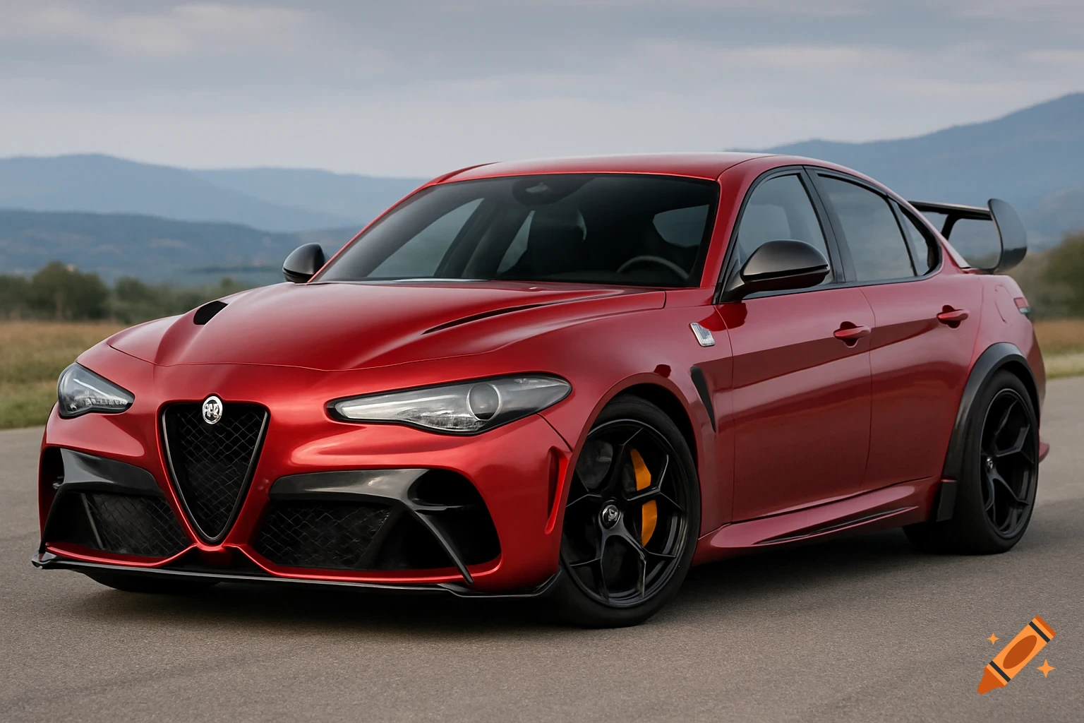A red Alfa Romeo Giulia GTAm parked outside.