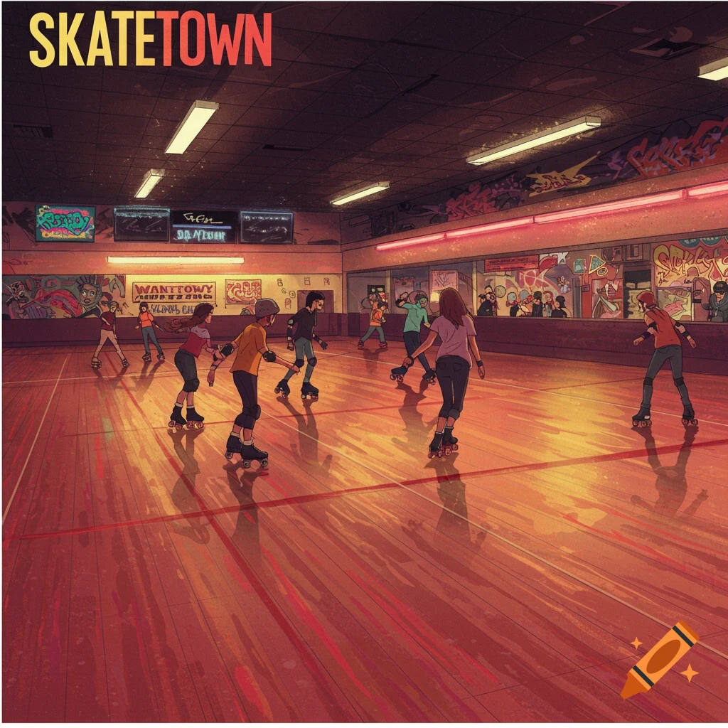 People roller skating in a retro-style roller rink with neon lights and graffiti, under a sign that reads "SKATETOWN".