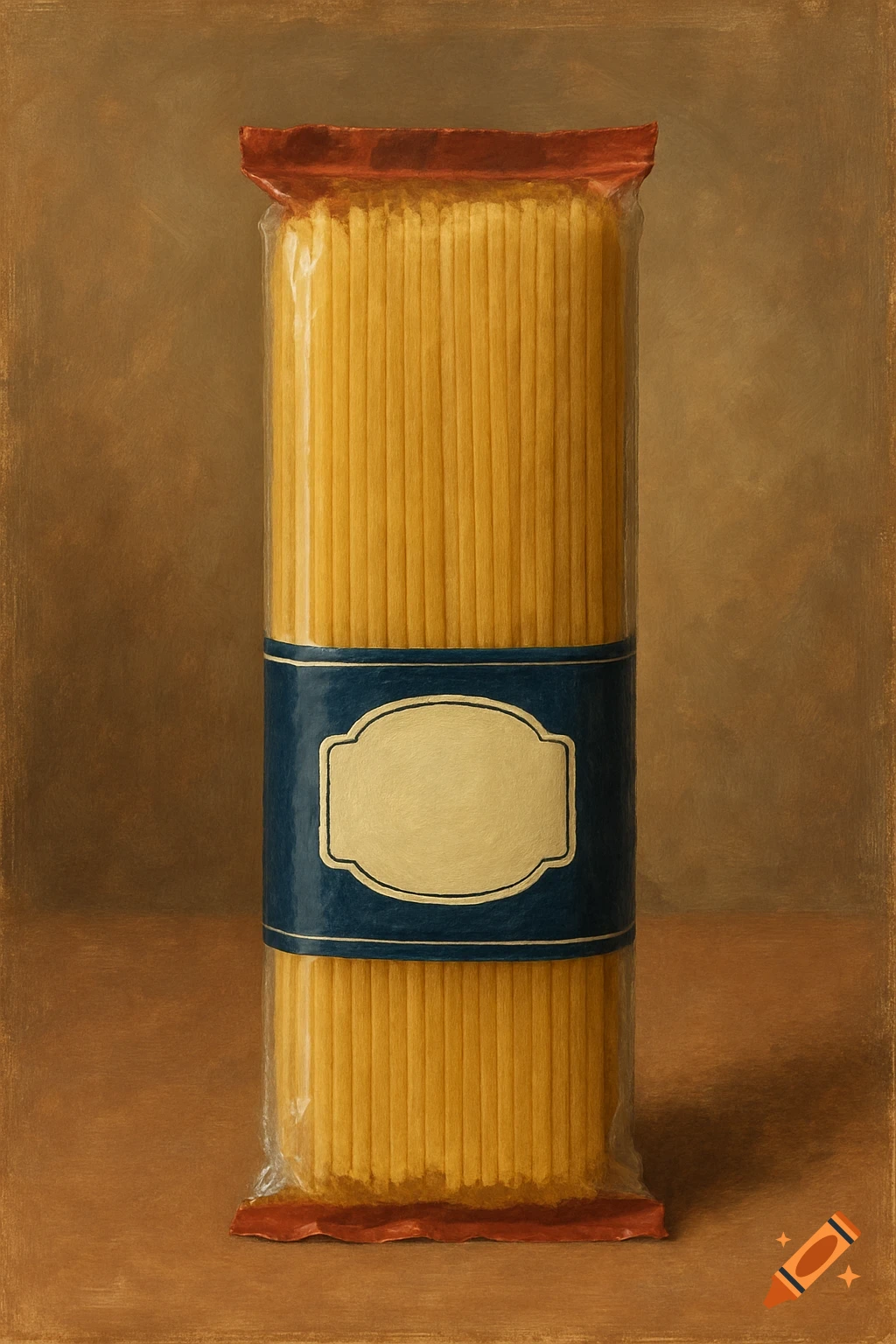 Still life painting of a package of spaghetti pasta with a blue label.