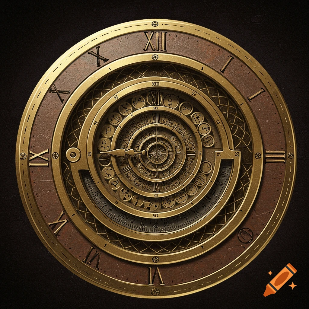 Detailed brass clock with a complex spiral mechanism and Roman numerals on a dark background.