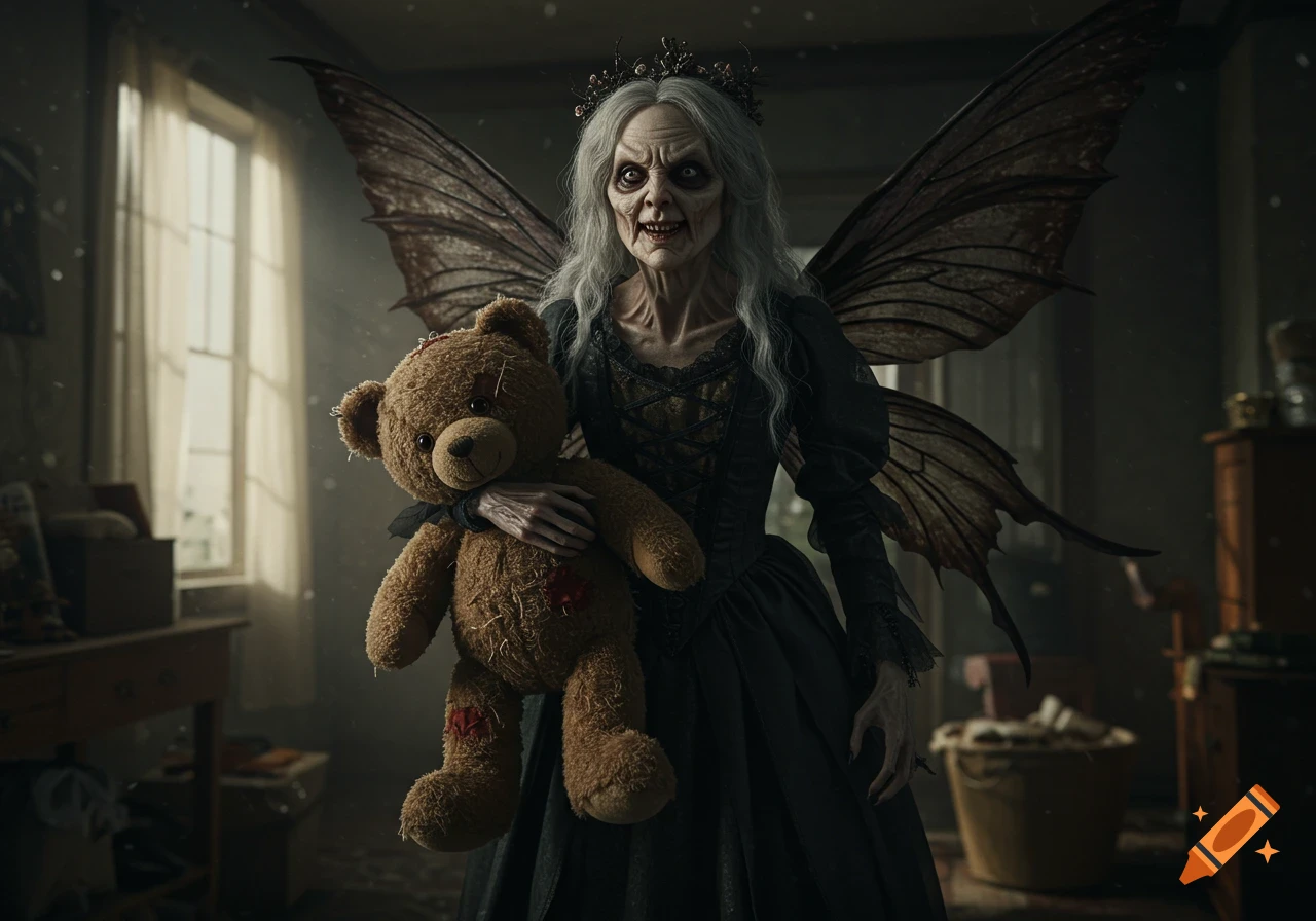 Creepy fairy with large wings holding a teddy bear in a dark room, realistic photograph.