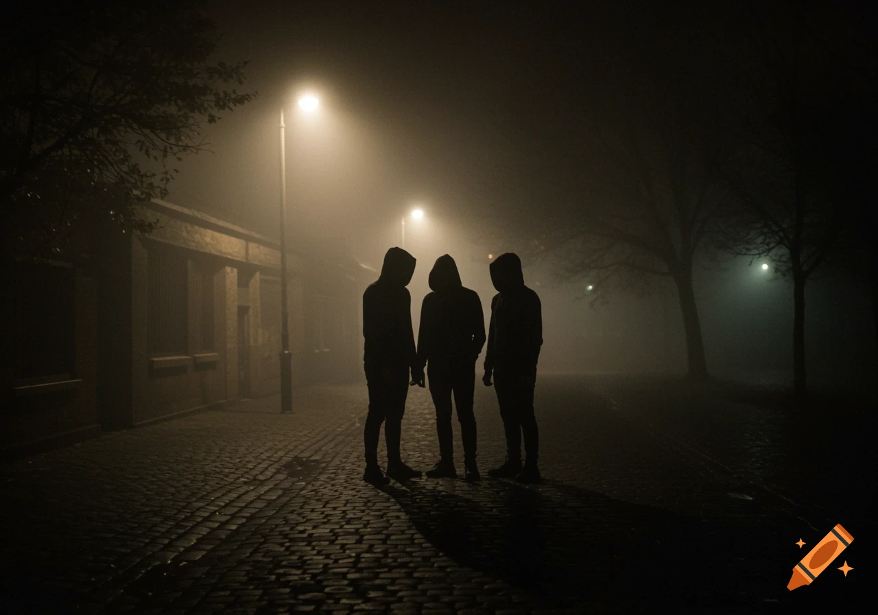 Three hooded figures stand in a foggy street at night under streetlights. Photorealistic style.