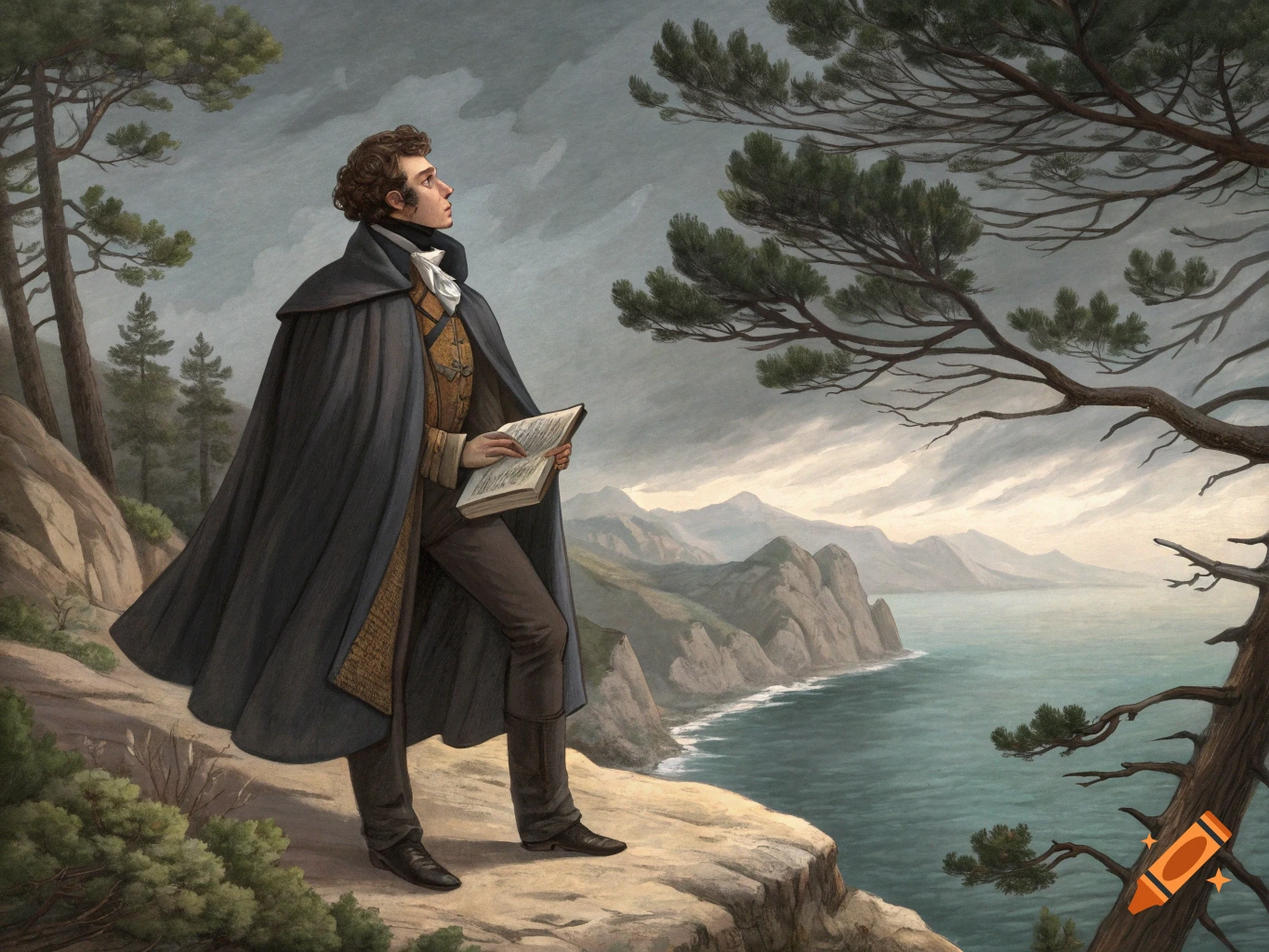 A historical figure in a cape stands on a cliff with a book, overlooking a coastline landscape in a painting style.