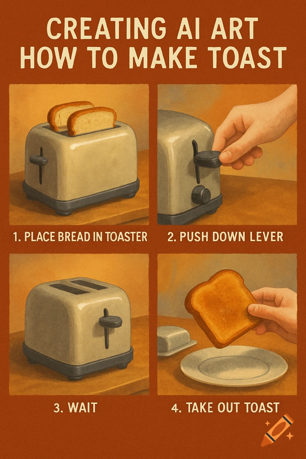 Four-panel illustration showing steps to make toast: placing bread in toaster, pushing lever, waiting, and taking out toast.