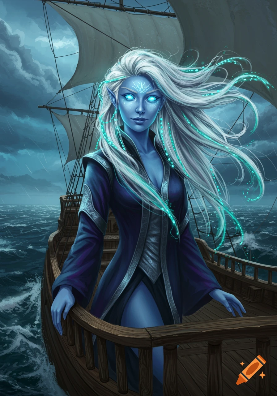 Fantasy portrait of a blue-skinned woman with white hair and glowing eyes on a ship in a storm.