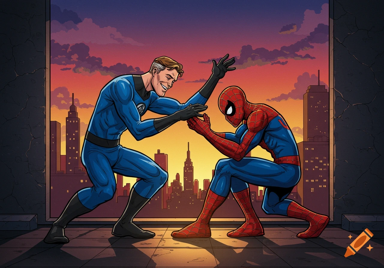 Mr. Fantastic and Spider-Man high-five on a rooftop at sunset in comic book style.