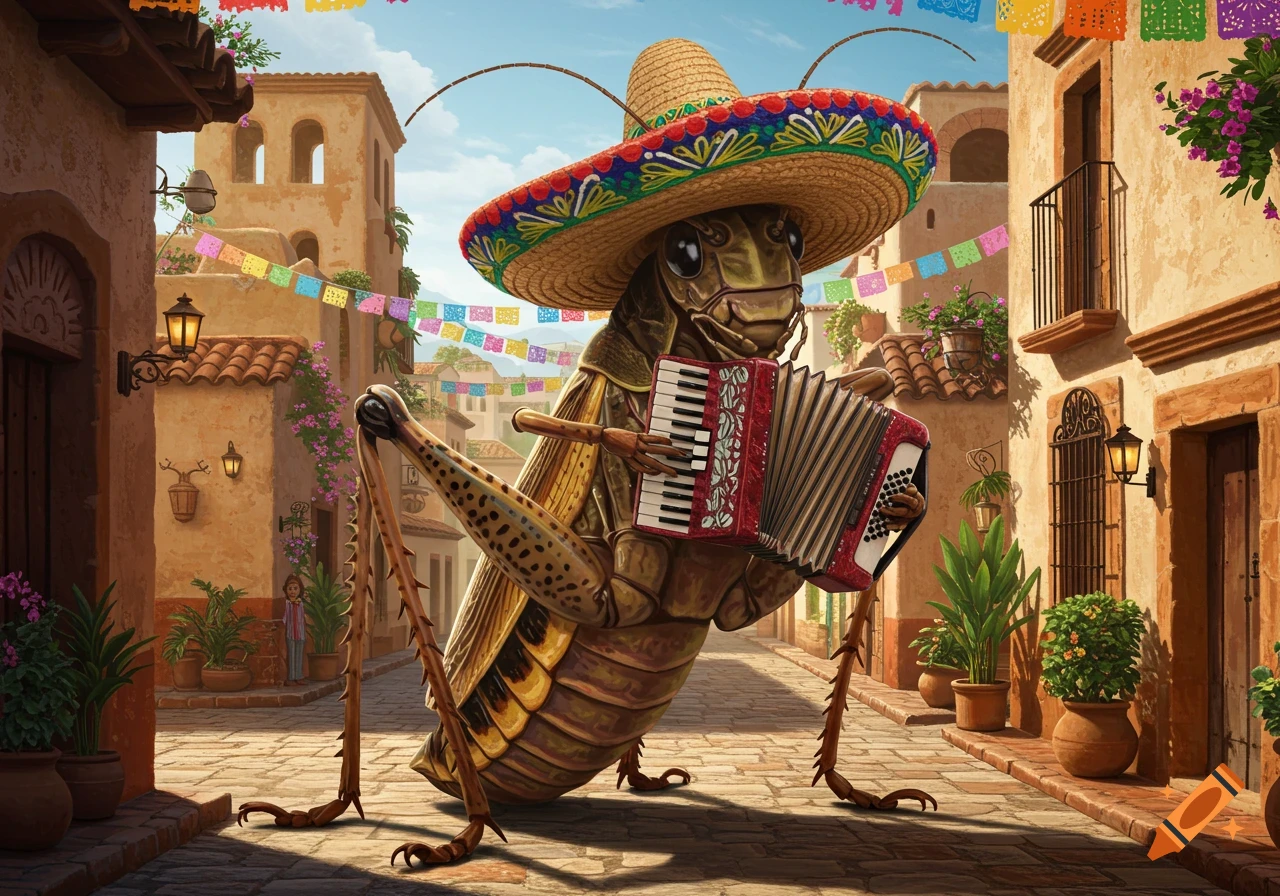 A realistic grasshopper in a sombrero plays an accordion on a festive Mexican street.