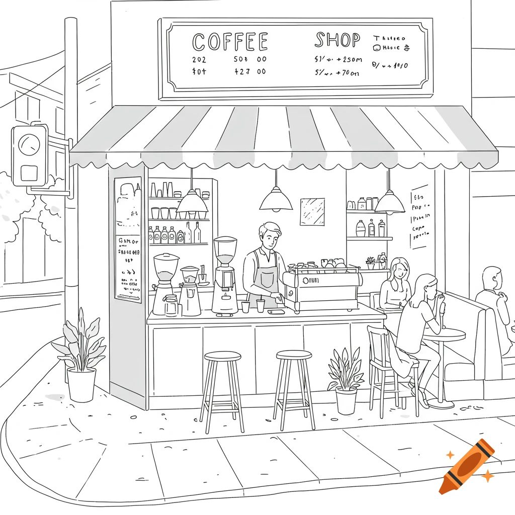 Line drawing of a bustling coffee shop exterior with a barista serving customers