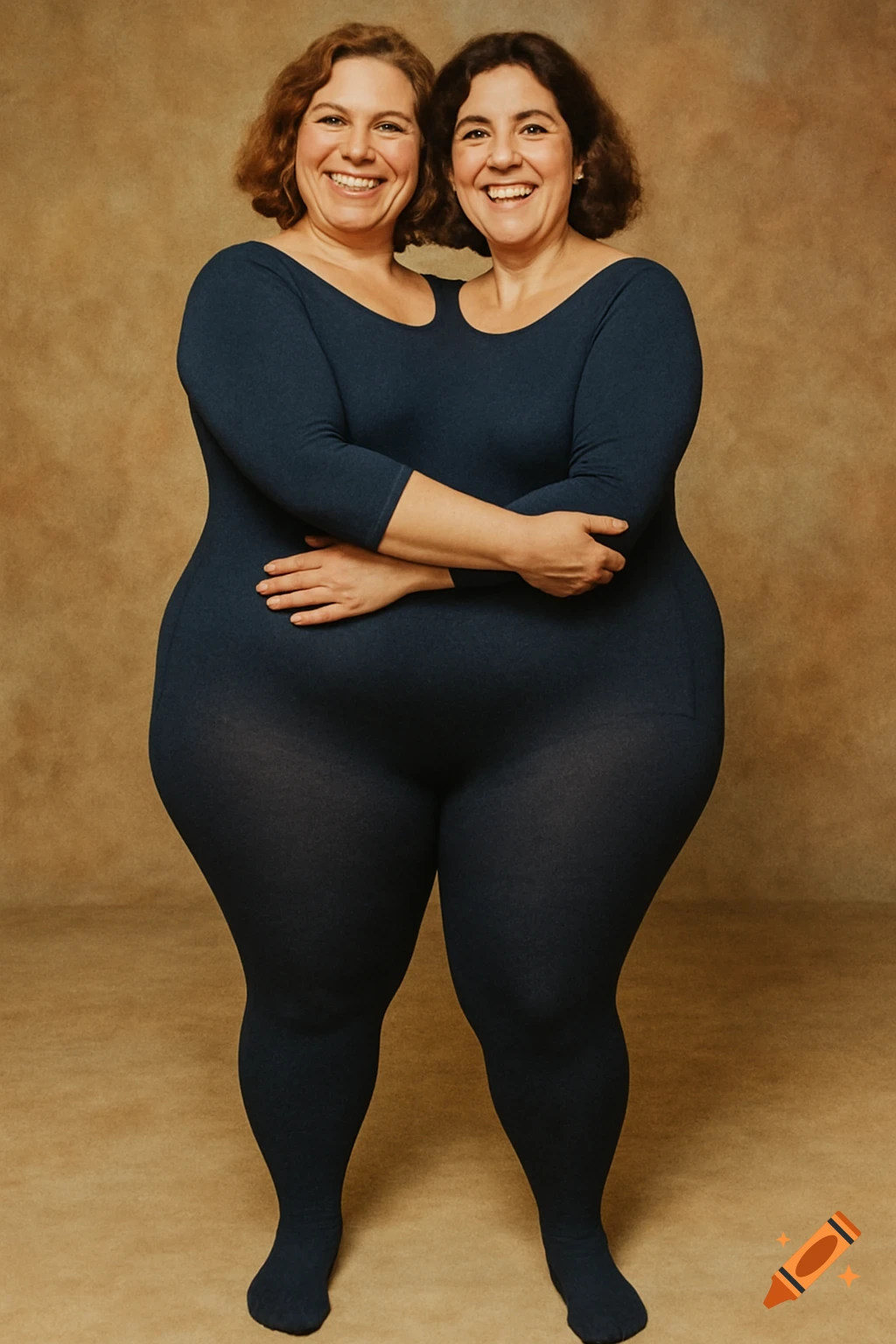 Two women in dark blue full-body suit appear merged into one figure with two heads, smiling in a vintage-style studio portrait.