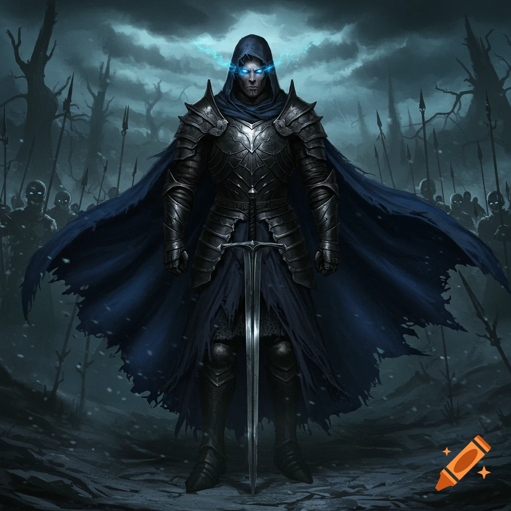 Dark fantasy knight with glowing blue eyes and a blue cloak stands with a sword before a horde.