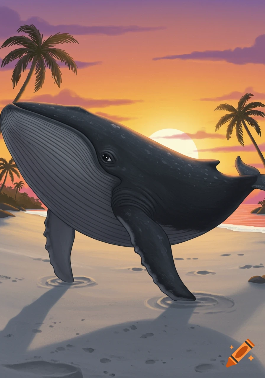 A large whale stands upright on a sandy beach during a tropical sunset in a stylized illustration.