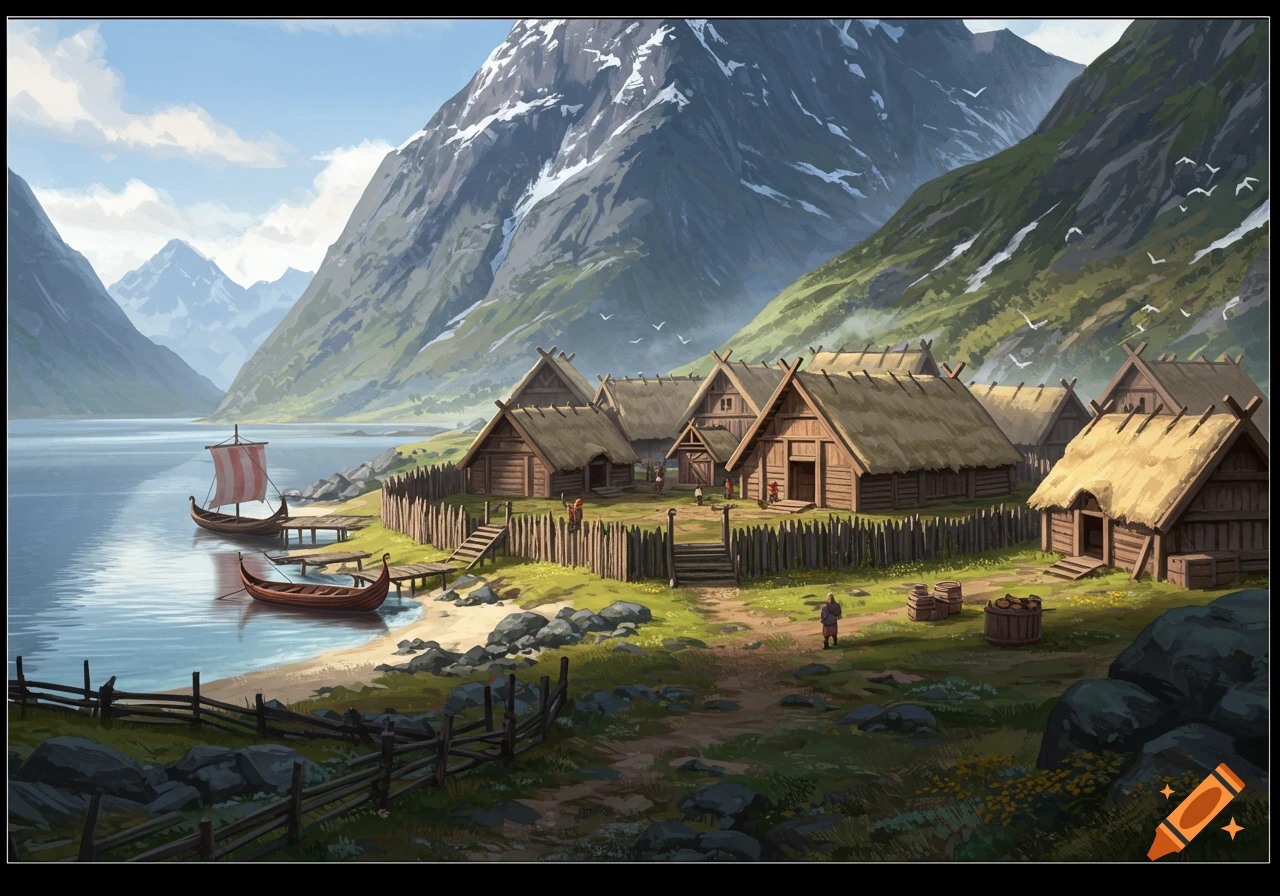 Painting of a Viking village by a lake, with thatched-roof houses and boats on the shore, set against large mountains.